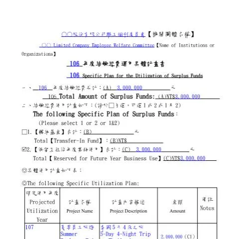 Document preview: 機關團體結餘經費運用計畫書的完整指南 — Taxes (CERFA n°年度結餘經費運用具體計畫書(填表範例) (year) Specific Plan for the Utilization of Surplus Funds(Sample))
