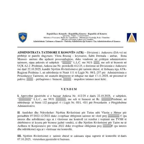 Document preview: Rishikimi i Vendimeve Tatimore: Vendimi Nr. 412-25 — Procedura administrative
