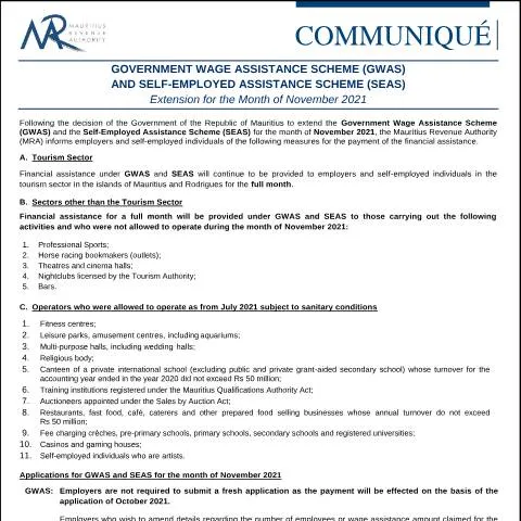 Document preview: Mauritius Extends Wage and Self-Employed Assistance Schemes for — Benefits & social aid (CERFA n°Communique181121)