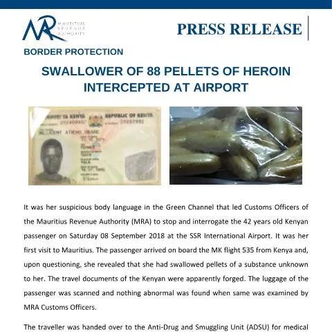 Document preview: Border Security Success: Heroin Swallower Detained at Mauritius — Government & admin (CERFA n°DrugSeizure170918)
