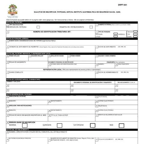 Vista previa del documento Formulario DRPT 001 IGSS: Clave para la Formalización Empresarial — Trámites administrativos (CERFA n°DRPT-001)