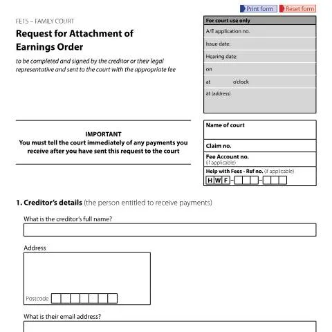 Document preview: Understanding Form FE15 for Attachment of Earnings Orders — Family