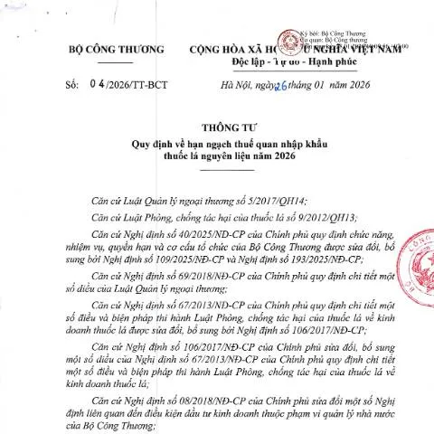 Document preview: Quy định mới về nhập khẩu thuốc lá nguyên liệu năm 2026 — Thủ tục hành chính (CERFA n°04/2026/TT-BCT)