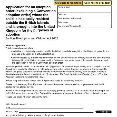 Document preview: Understanding Form A60: Legal Adoption Process for Foreign Children — Family