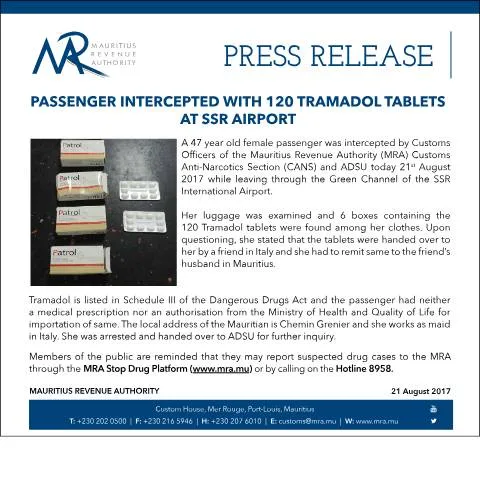 Document preview: Passenger Caught with 120 Tramadol Tablets at SSR Airport — Government & admin (CERFA n°SeizureTramadol)