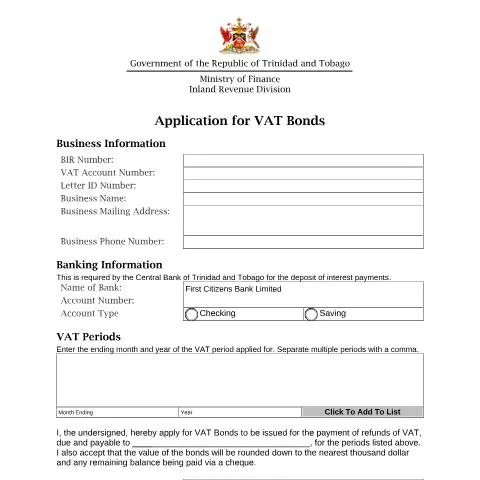 Document preview: Navigating the VAT Bond Application Process in Trinidad and Tobago — Taxes (CERFA n°VAT Bond Application)