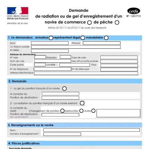 Aperçu du document Radiation définitive ou mise en sommeil de navire professionnel — Démarches administratives (CERFA n°15802*02)