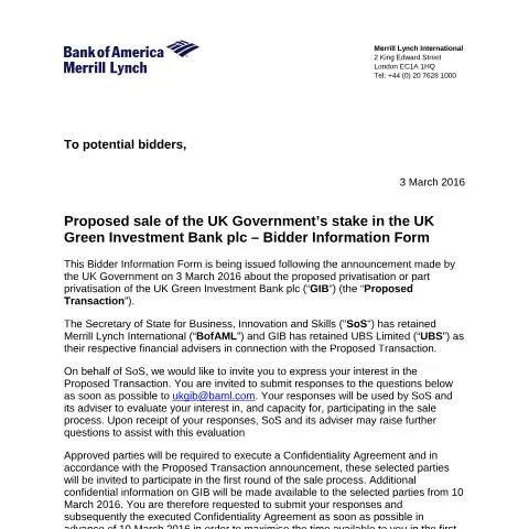 Document preview: Navigating the Bidder Information Form for UK Green Investment Bank — Business