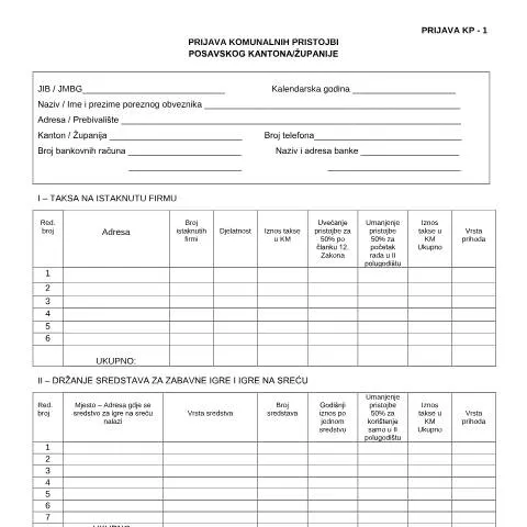 Document preview: Sve o prijavi komunalne takse u općini Odžak — Porezi i fiskalnost (CERFA n°PKT-PK)