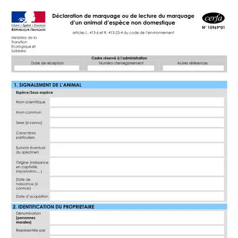 Aperçu du document Formulaire 15969*01 : marquage obligatoire des espèces sauvages — Démarches administratives (CERFA n°15969*01)