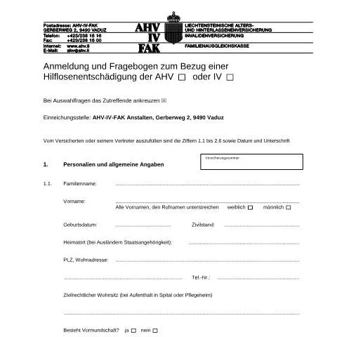 Dokumentvorschau: Anmeldung zur Hilflosenentschädigung der AHV-IV-FAK — Gesundheit (CERFA n°AHV-IV-FAK-FORM-6-01--Anmeldung-Fragebogen_Bezug_HE_AHV-IV)