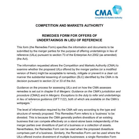 Document preview: Competition Authority Undertakings Form: Avoiding Phase II Reviews — Government & admin