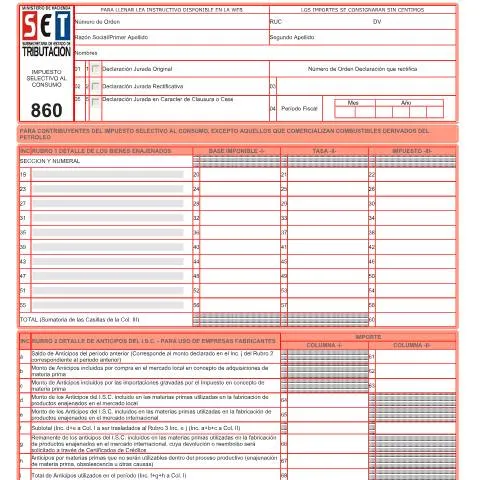 Vista previa del documento Formulario 860 para declaraciones del ISC en Paraguay — Impuestos (CERFA n°F860)