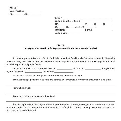 Document preview: Înțelegerea deciziei de respingere a cererii de îndreptare — Impozite & fiscalitate (CERFA n°A1_OMFP_164_2017)