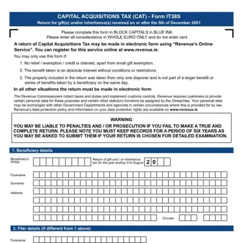 Document preview: Guide to Completing Capital Acquisitions Tax Form IT38S — Taxes (IT38S)