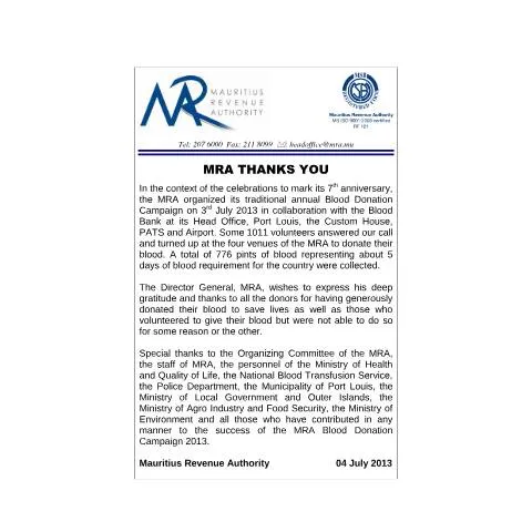 Document preview: Honoring the Spirit of Blood Donation in Mauritius — Health (CERFA n°ThankYouBD2013)
