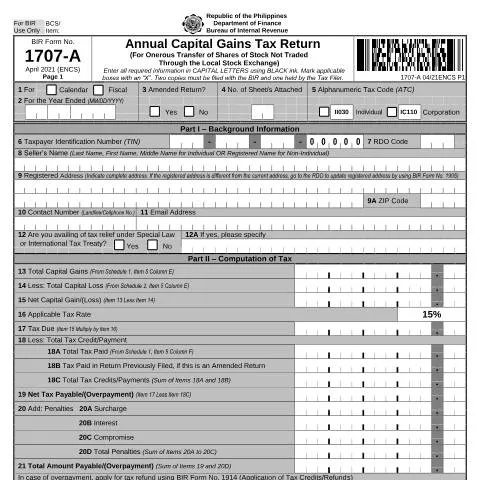 Document preview: Understanding BIR Form No. 1707-A for Share Transfers — Taxes (CERFA n°1707-A)