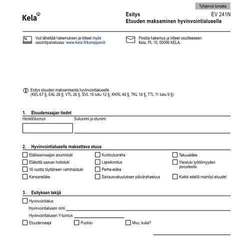 Document preview: Kela EV 241N: Opas etuuden maksamiseen hyvinvointialueilla — Asuminen (CERFA n°Kela EV 241N)