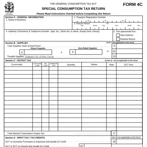Document preview: Understanding the Jamaican Special Consumption Tax Return (Form 4C) — Government & admin (CERFA n°4c_prior_jan2015)
