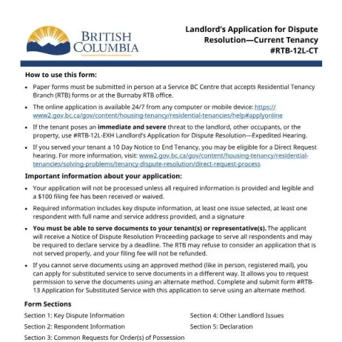 Document preview: Guide to Landlord’s Dispute Resolution Application for Current — Housing (RTB-12L-CT)