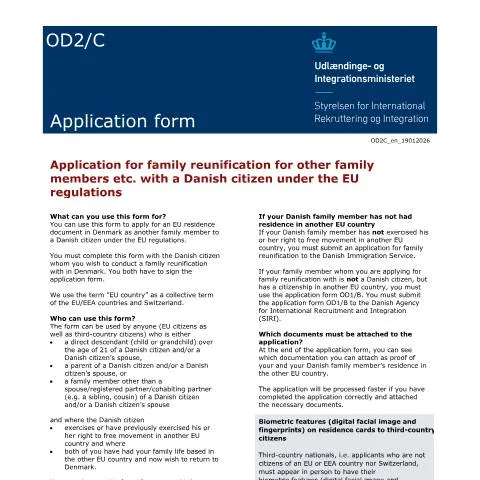 Document preview: Vejledning til familiesammenføring med dansk statsborger under — Immigration & visa (CERFA n°OD2/C)