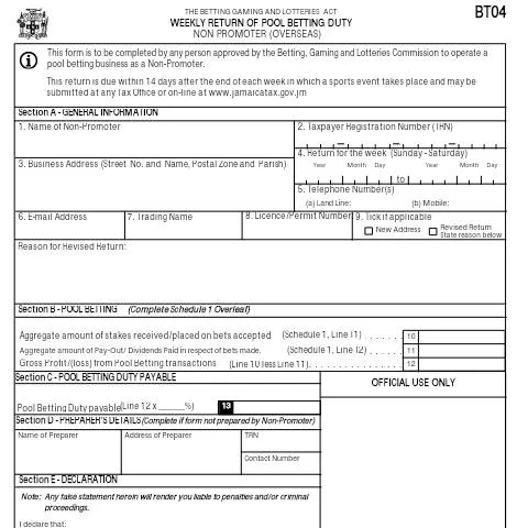 Document preview: Understanding the BT04 Weekly Return for Pool Betting Duty in Jamaica — Government & admin (CERFA n°bt04_19082016)