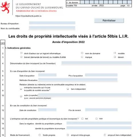 Aperçu du document Comprendre le Formulaire 750 F pour la Propriété Intellectuelle — Impôts & fiscalité (CERFA n°750 F)