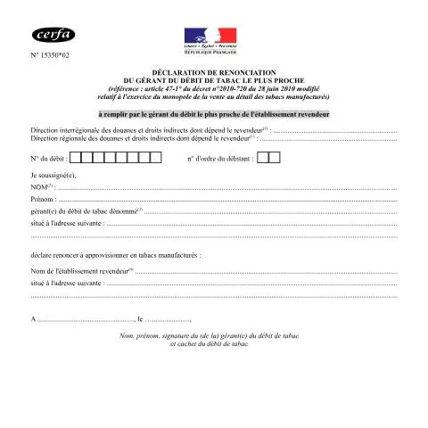 Aperçu du document Renonciation du gérant : formulaire 15350*02 expliqué — Démarches administratives (CERFA n°15350*02)