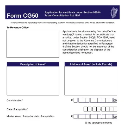 Document preview: Application for Certificate under Section 980(8) using Form CG50 — Taxes (Form CG50)