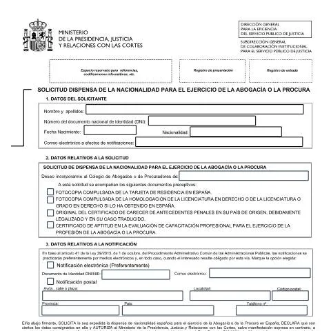 Vista previa del documento Dispensa de Nacionalidad: Clave para Ejercer la Abogacía en España — Trámites administrativos