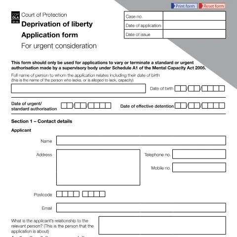 Document preview: COP DLA Form: Emergency Court Applications for Liberty Deprivation — Legal & justice