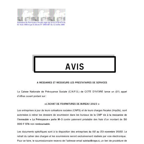 Aperçu du document Ouverture de l'Appel d'Offres pour Fournitures de Bureau 2023 — Démarches administratives