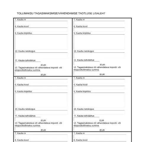 Document preview: Tollimaksu tagasimaksmise taotluse täitmine — Toll ja impordi-ekspordi (CERFA n°TOLLIMAKSU TAGASIMAKSMISE VAHENDAMISE TAOTLUSE)