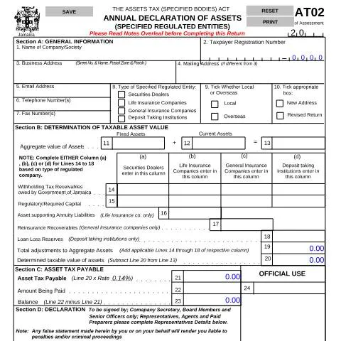 Document preview: Jamaica AT02 Declaration of Assets for Regulated Entities — Taxes (CERFA n°AT02+2018)