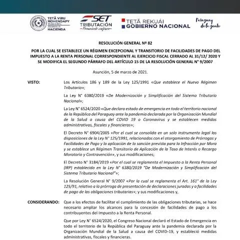 Vista previa del documento Formulario RG Facilidades de pago IRP Paraguay — Trámites administrativos