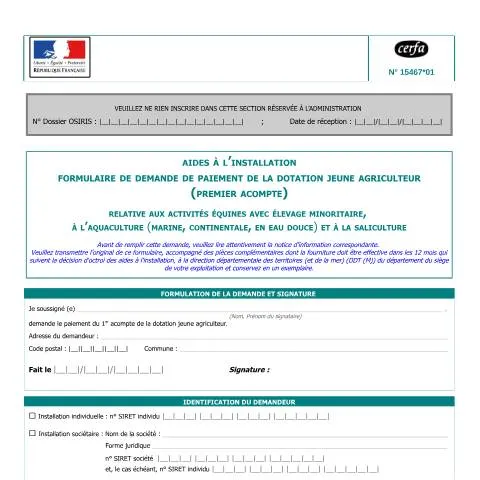 Aperçu du document Premier acompte de la dotation jeune agriculteur spécialisée — Démarches administratives (CERFA n°15467*01)