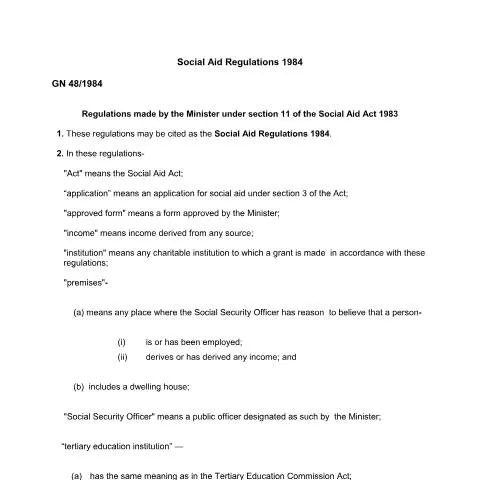Document preview: Understanding the Social Aid Regulations 1984 in Mauritius — Benefits & social aid (CERFA n°Social-Aid-Regulations-1984-1)