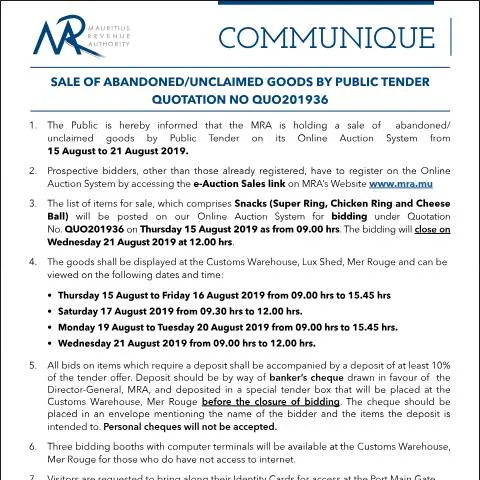 Document preview: Understanding the Sale of Unclaimed Goods in Mauritius — Government & admin (Communique36of2019)