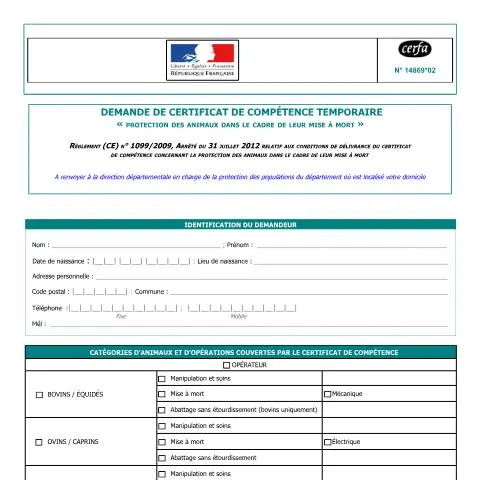 Aperçu du document Autorisation provisoire mise à mort animaux : procédure express — Santé (CERFA n°14869*02)