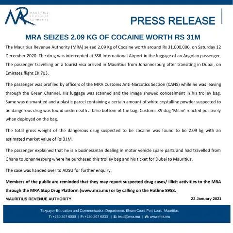 Document preview: Insights into MRA's Cocaine Seizure Announcement — Government & admin (CERFA n°PressRelease220121)