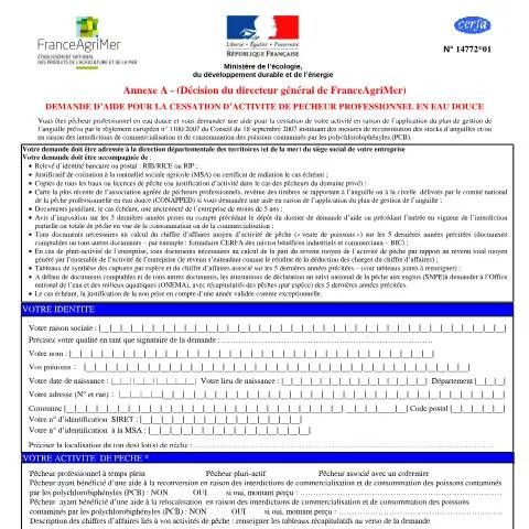 Aperçu du document Cessation d'activité pêcheur professionnel : procédure et formulaire — Démarches administratives (CERFA n°14772*01)