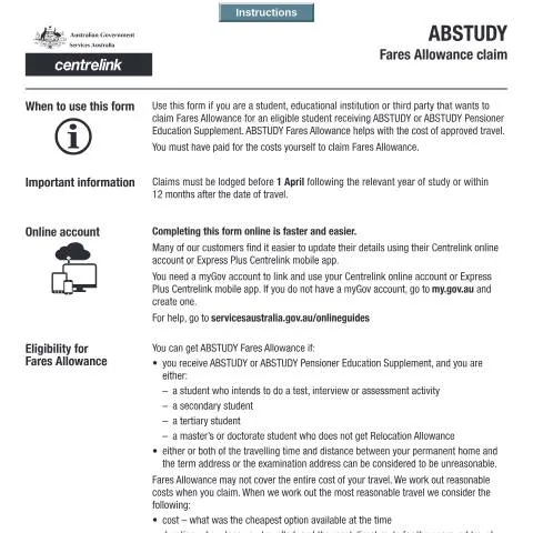 Document preview: Complete Guide to ABSTUDY Fares Allowance Claim Form SY032 — Benefits & social aid (CERFA n°SY032)