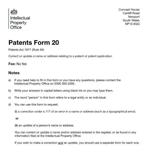 Document preview: How to Correct Patent Owner Details Using Form PF20 — Government & admin
