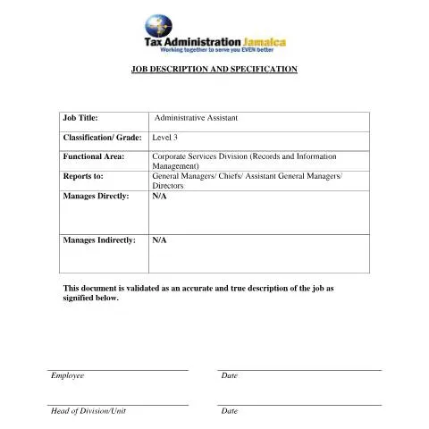 Document preview: Understanding the Administrative Assistant Level 3 Role in Jamaica — Government & admin (CERFA n°Administrative+Assistant+(Chief+RIM))