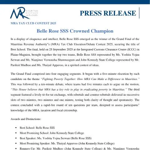 Document preview: MRA Tax Club Contest 2025: A Platform for Youth Education — Government & admin (PressRelease260925)