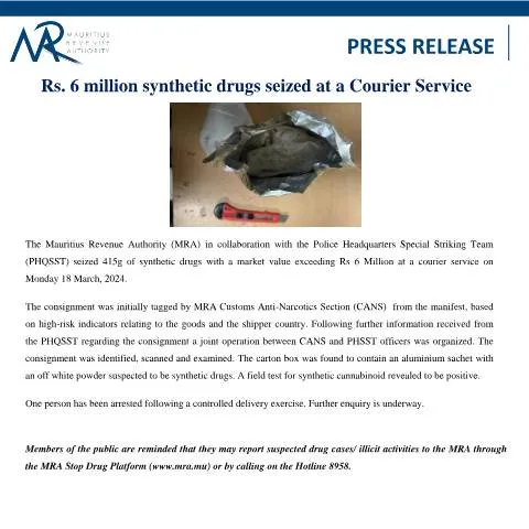 Document preview: Significant Synthetic Drug Seizure in Mauritius on March 22, 2024 — Government & admin (PressRelease220324)