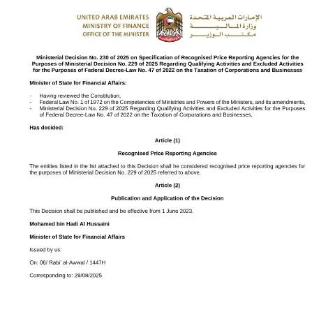 Document preview: Understanding Recognised Price Reporting Agencies in the UAE under — Taxes (CERFA n°Ministerial Decision No. 230 of 2025)