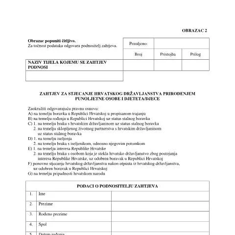 Document preview: Postupak za stjecanje hrvatskog državljanstva prirođenjem — Osobni podaci i identitet (CERFA n°Zahtjev za stjecanje hrvatskog državljan)
