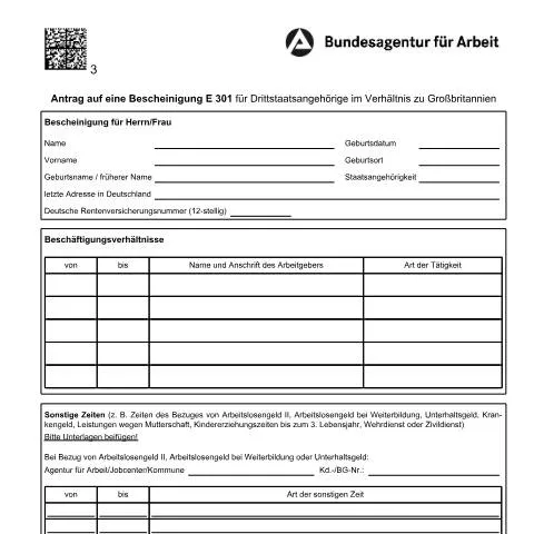 Dokumentvorschau: E 301 Antrag für Drittstaatsangehörige zur sozialen Absicherung — Arbeit & Beschäftigung (CERFA n°antragversicherungszeiten_ba023160)