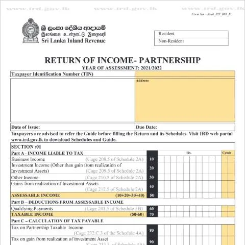 Document preview: Understanding the Return of Income for Partnerships in Sri Lanka — Taxes (CERFA n°Asmt_PIT_001_2021)